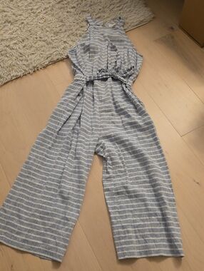 LOFT Light Blue & White Halter-Style Striped Wide-Leg Jumpsuit